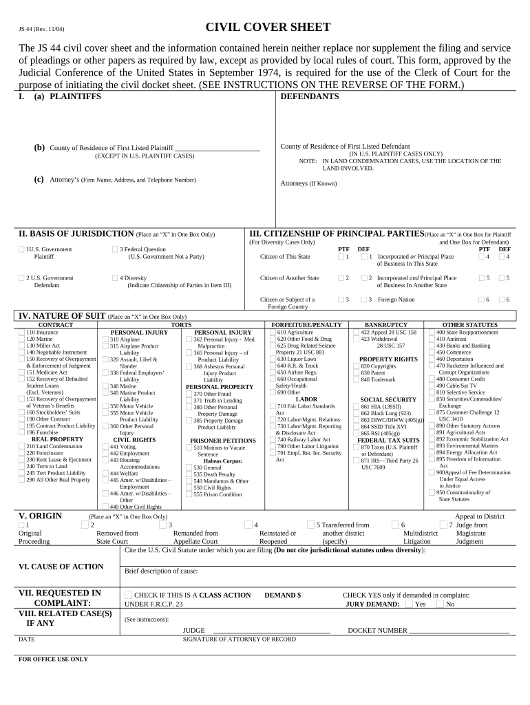 JS 44 Civil Cover Sheet Federal District Court New Hampshire  Form