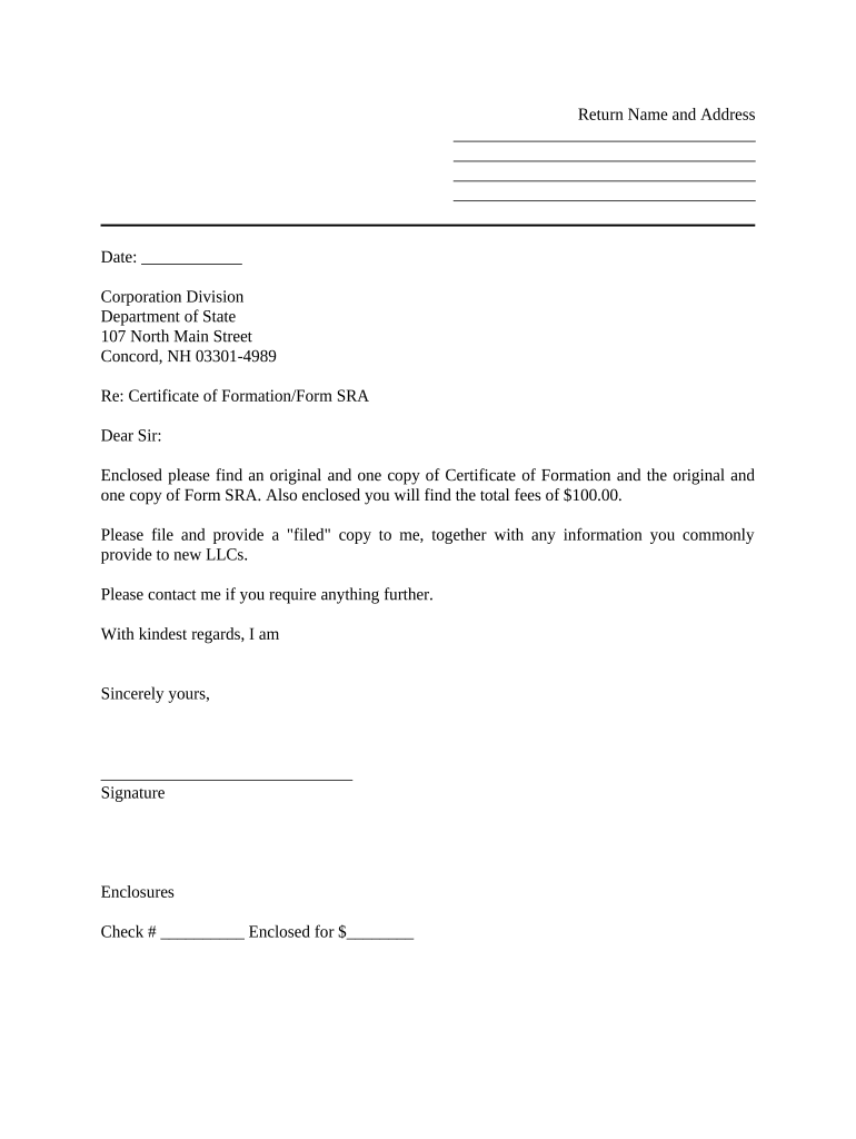 Sample Cover Letter for Filing of LLC Articles or Certificate with Secretary of State New Hampshire  Form