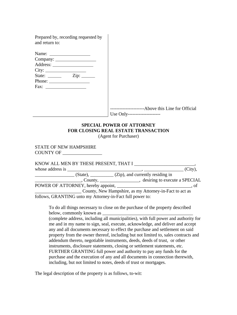 Special or Limited Power of Attorney for Real Estate Purchase Transaction by Purchaser New Hampshire  Form