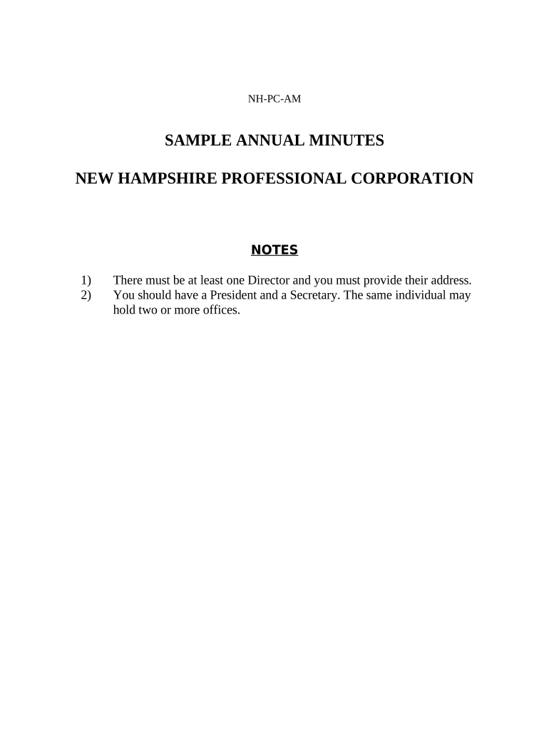 Sample Annual Minutes for a New Hampshire Professional Corporation New Hampshire  Form
