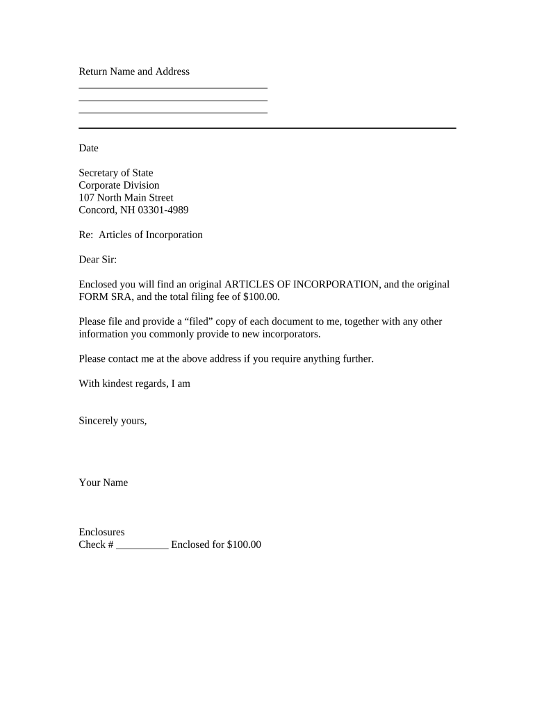 Sample Transmittal Letter for Articles of Incorporation New Hampshire  Form