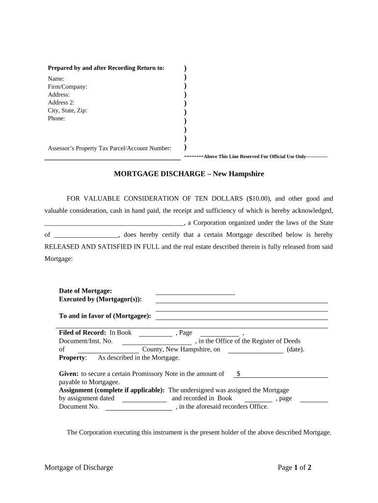 Satisfaction, Release or Cancellation of Mortgage by Corporation New Hampshire  Form