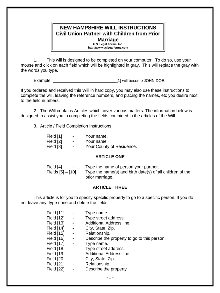 Legal Last Will and Testament for Civil Union Partner with Minor Children from Prior Marriage New Hampshire  Form