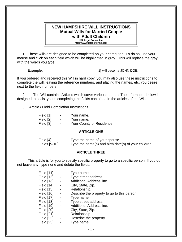 Mutual Wills Package with Last Wills and Testaments for Married Couple with Adult Children New Hampshire  Form