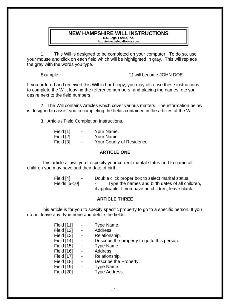 Last Will and Testament for Other Persons New Hampshire  Form