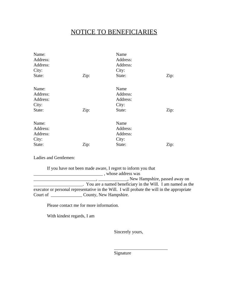 Notice to Beneficiaries of Being Named in Will New Hampshire  Form