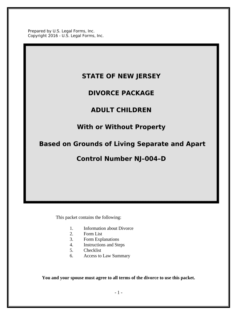 No Fault Uncontested Agreed Divorce Package for Dissolution of Marriage with Adult Children and with or Without Property and Deb  Form