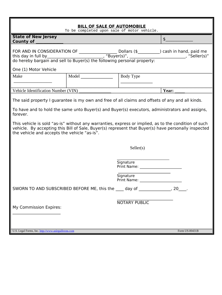 Bill of Sale of Automobile and Odometer Statement for as is Sale New Jersey  Form