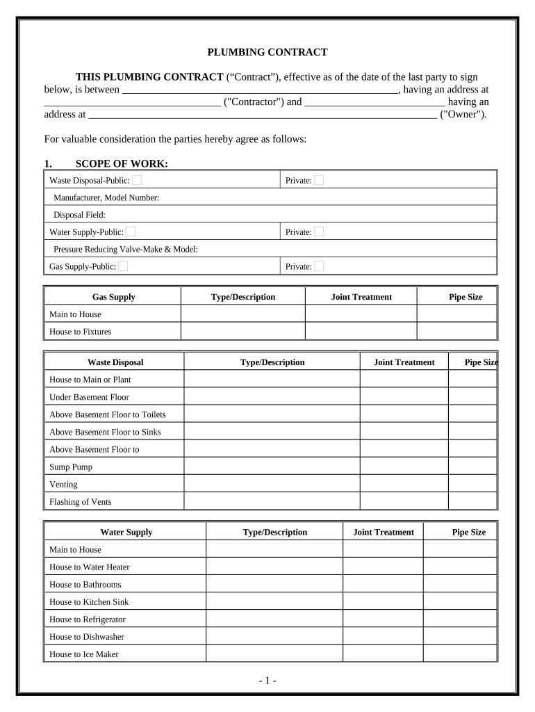 Plumbing Contract for Contractor New Jersey  Form