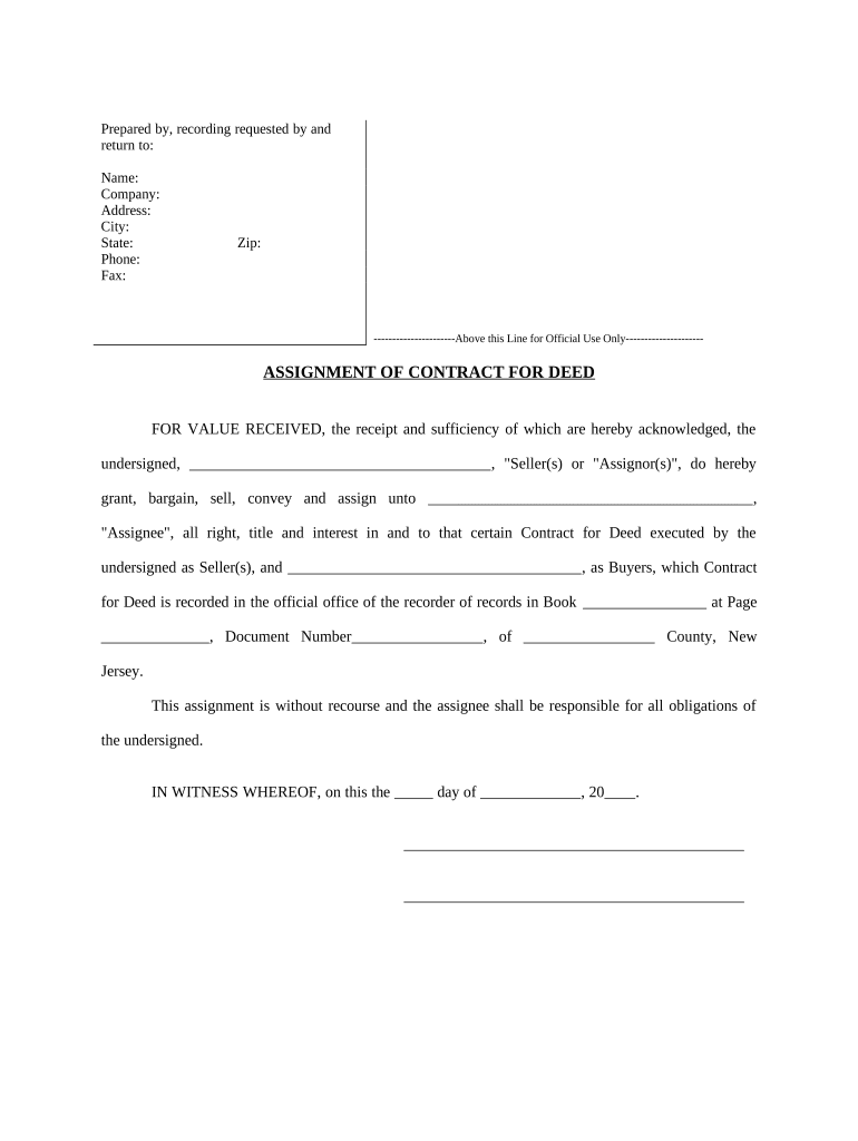 Assignment of Contract for Deed by Seller New Jersey  Form