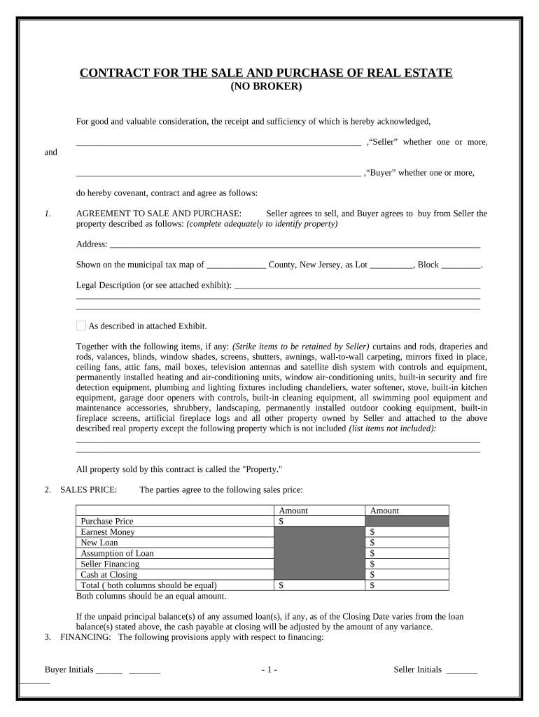 Contract for Sale and Purchase of Real Estate with No Broker for Residential Home Sale Agreement New Jersey  Form