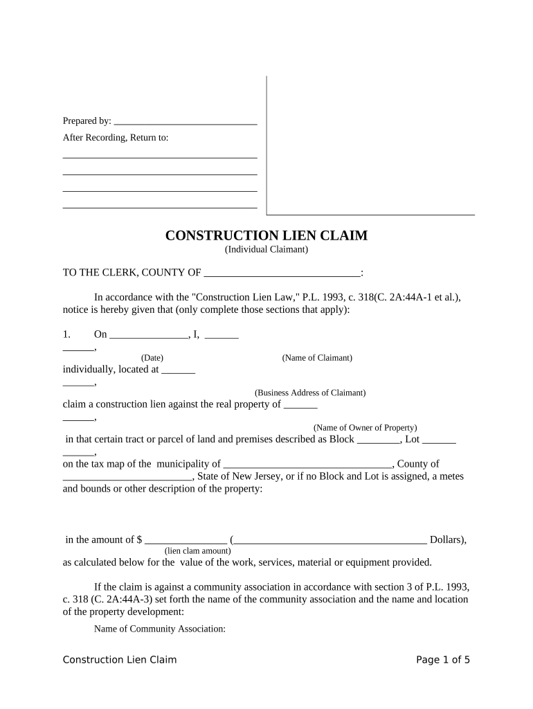 Fill and Sign the Construction Lien Claim Mechanic Liens Individual New Jersey Form