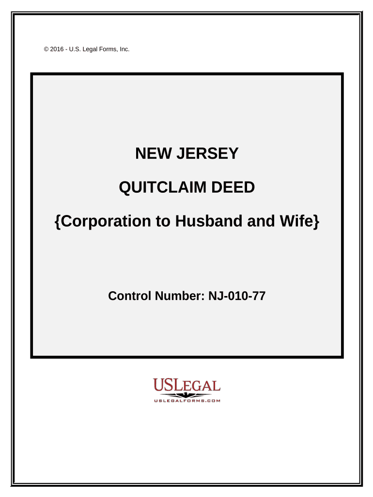 Quitclaim Deed from Corporation to Husband and Wife New Jersey  Form