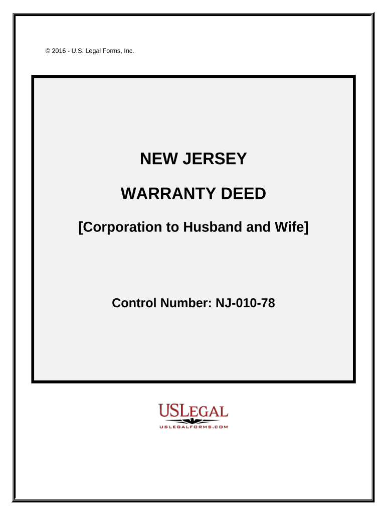 Warranty Deed from Corporation to Husband and Wife New Jersey  Form