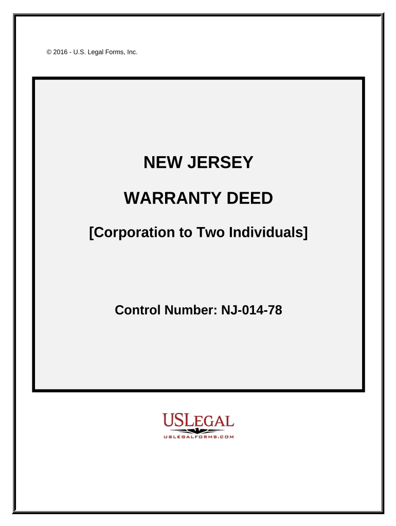 Warranty Deed from Corporation to Two Individuals New Jersey  Form