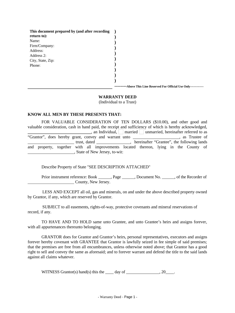 Warranty Deed from Individual to a Trust New Jersey  Form