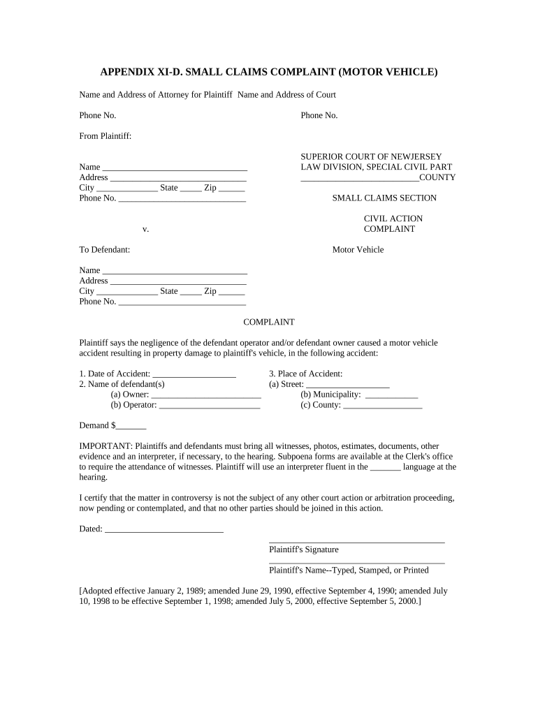 Claims Complaint Nj  Form