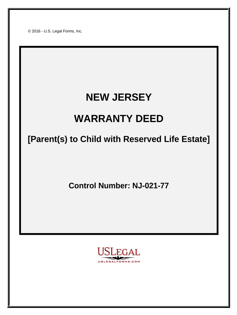 Warranty Deed to Child Reserving a Life Estate in the Parents New Jersey  Form