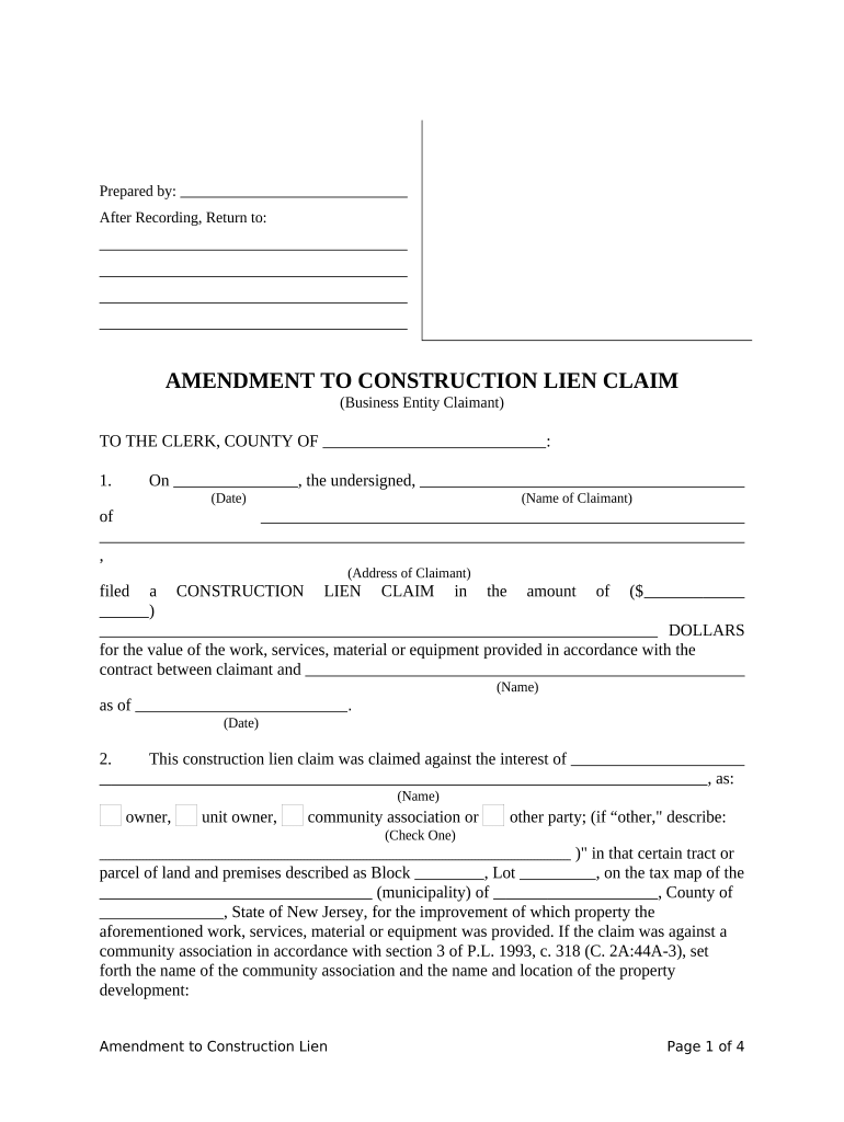 Amendment to Construction Lien Claim Mechanic Liens Business Entity New Jersey  Form