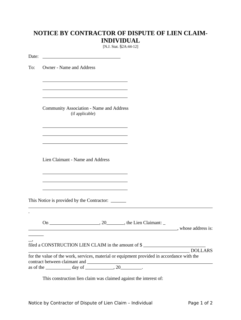 Fill and Sign the Nj Contractor Lien Form