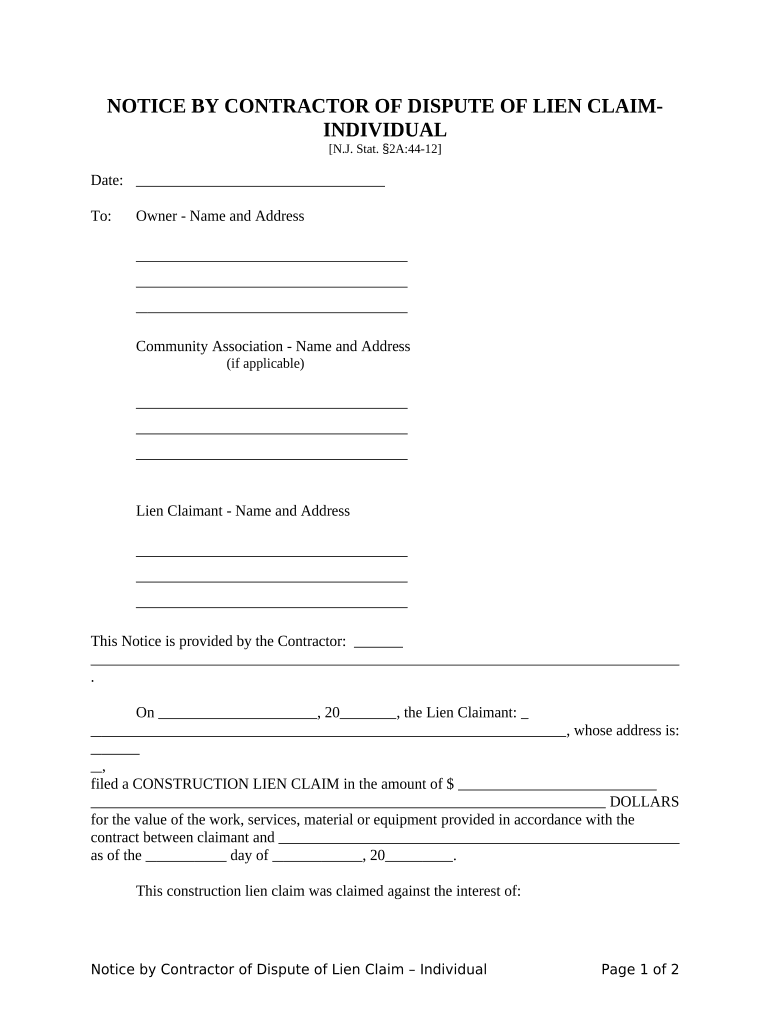 Nj Contractor Lien  Form