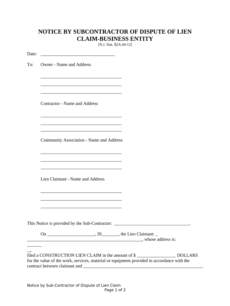 Nj Subcontractor  Form