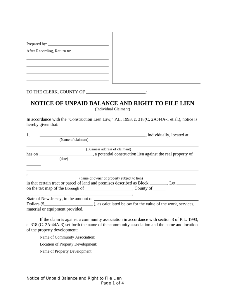Notice of Unpaid Balance and Right to File Lien Mechanic Liens Individual New Jersey  Form
