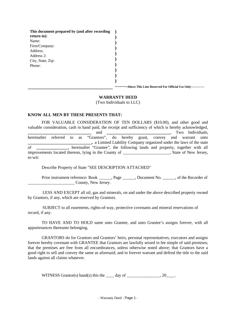 Warranty Deed from Two Individuals to LLC New Jersey  Form