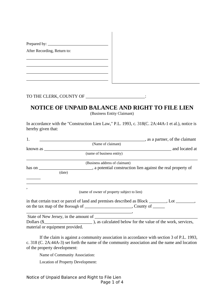 Notice of Unpaid Balance and Right to File Lien Mechanic Liens Corporation or LLC New Jersey  Form