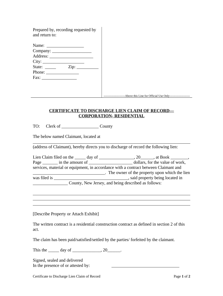 New Jersey Lien  Form