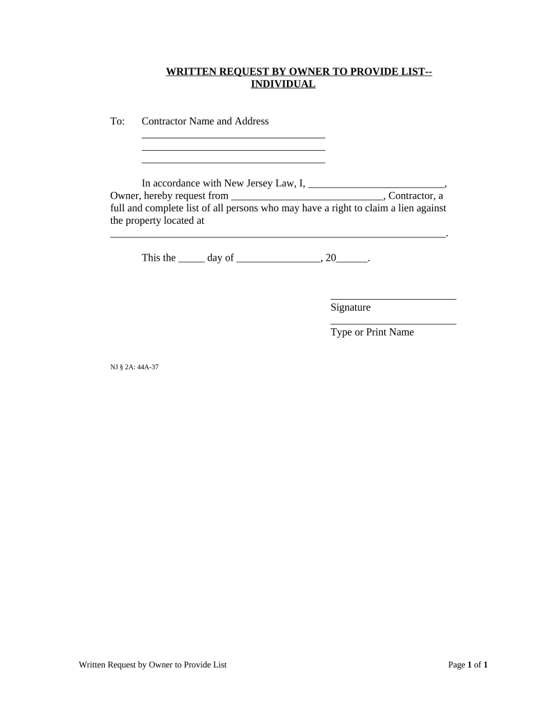 Written Request by Owner to Provide List Mechanic Liens Individual New Jersey  Form