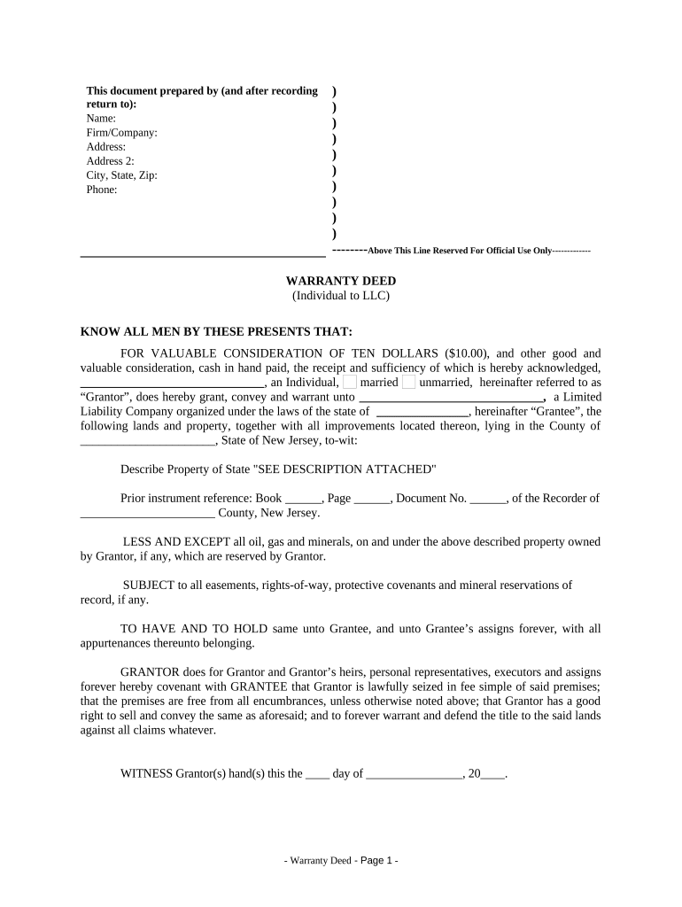 Warranty Deed from Individual to LLC New Jersey  Form