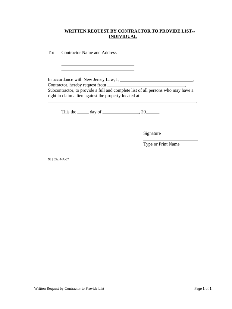 Written Request by Contractor to Provide List Mechanic Liens Individual New Jersey  Form