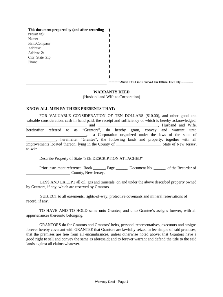 Warranty Deed from Husband and Wife to Corporation New Jersey  Form