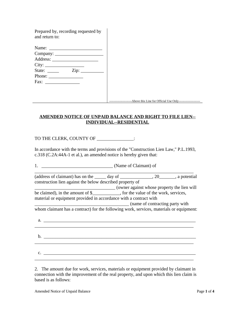 New Jersey Lien  Form