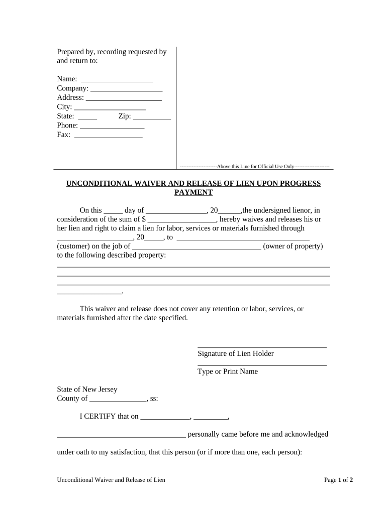 Release of Lien Form Nj