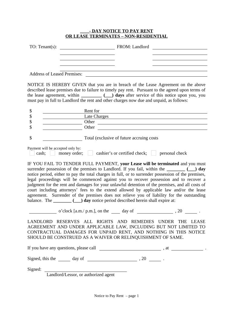 Notice to Pay Rent or Lease Terminates for Nonresidential or Commercial Property Days of Advance Notice Variable New Jersey  Form