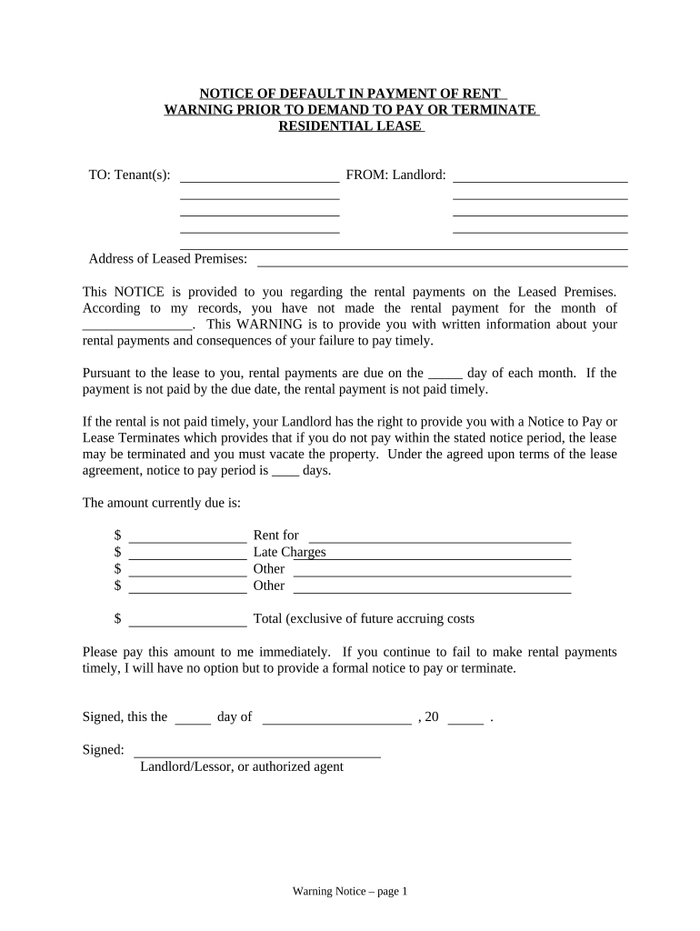 Notice of Default in Payment of Rent as Warning Prior to Demand to Pay or Terminate for Residential Property New Jersey  Form
