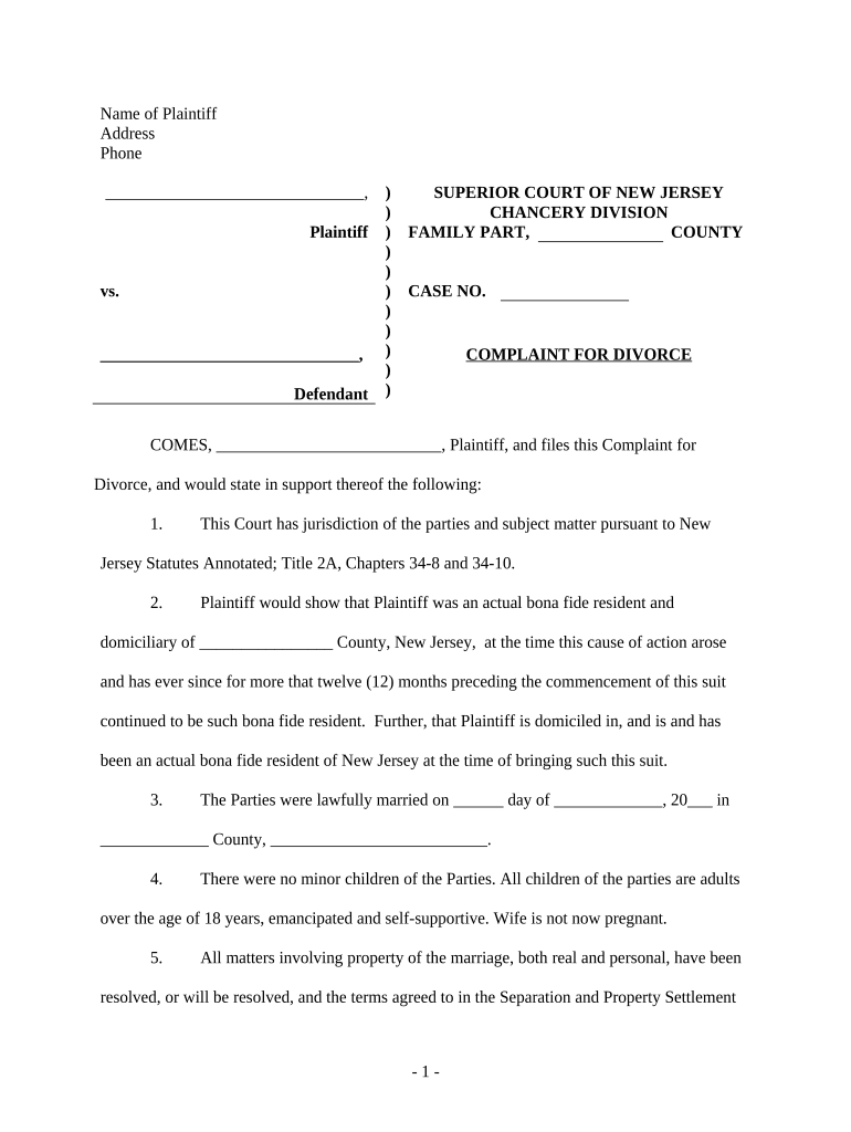 Nj Complaint Divorce  Form