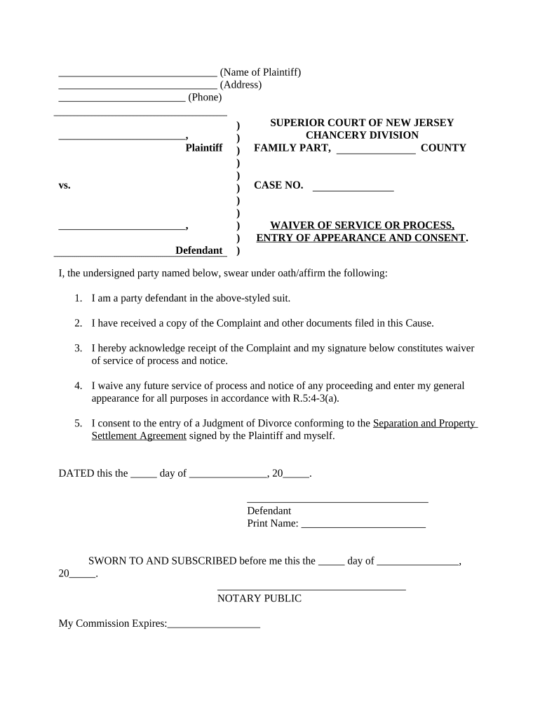 Waiver of Service of Process, Entry of Appearance and Consent New Jersey  Form