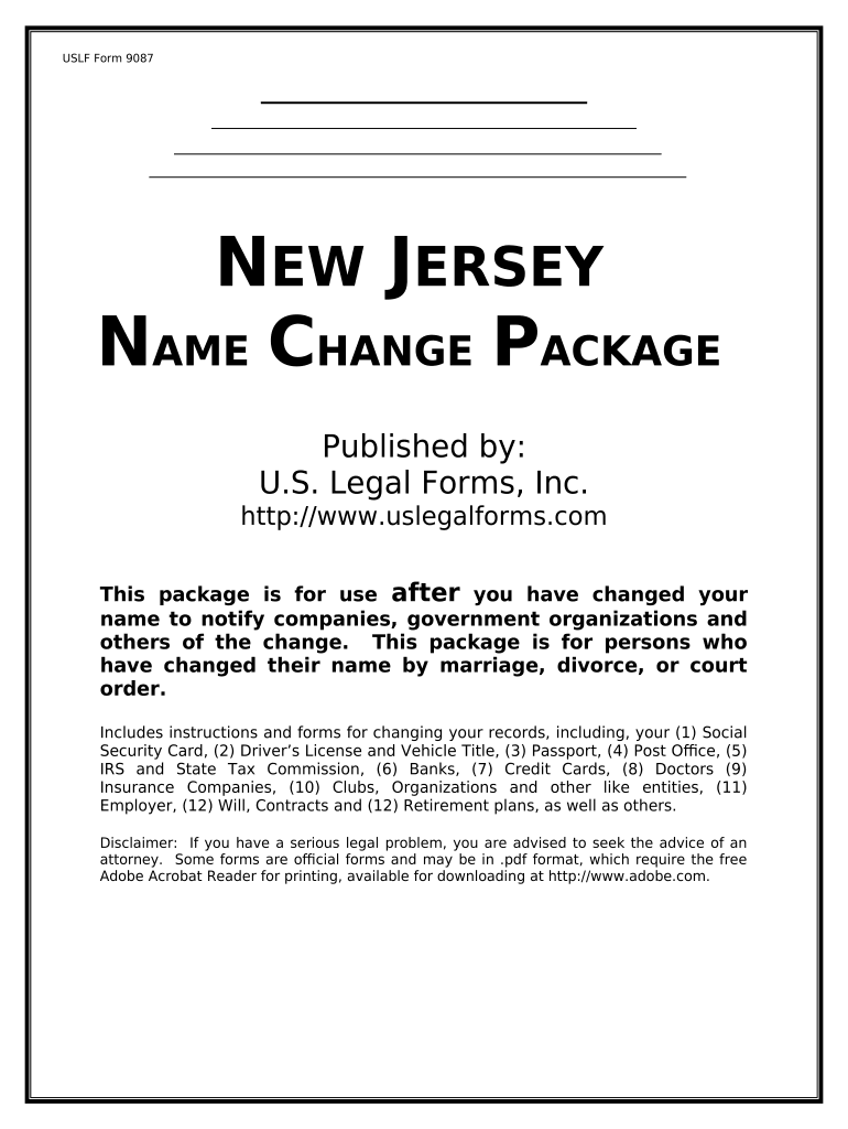 Name Change Notification Package for Brides, Court Ordered Name Change, Divorced, Marriage for New Jersey New Jersey  Form