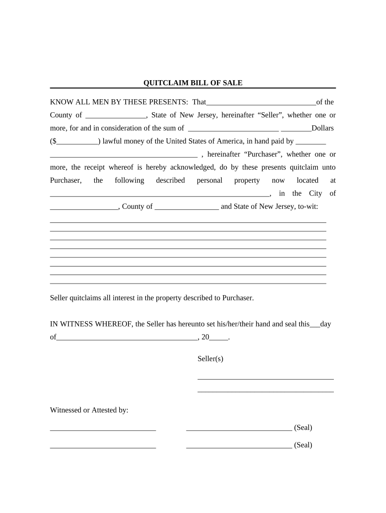 Bill of Sale Without Warranty by Individual Seller New Jersey  Form