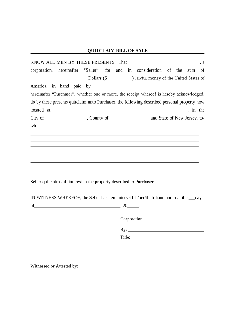 Bill of Sale Without Warranty by Corporate Seller New Jersey  Form