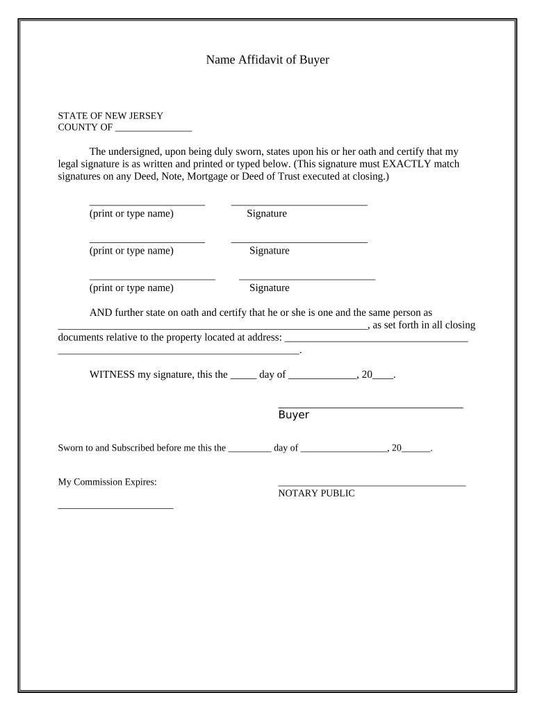 Name Affidavit of Buyer New Jersey  Form