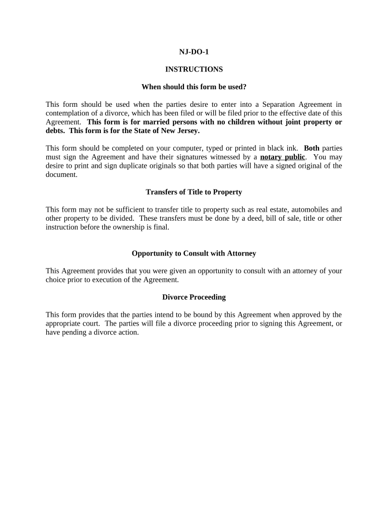 Marital Domestic Separation and Property Settlement Agreement for Persons with No Children, No Joint Property or Debts Where Div  Form