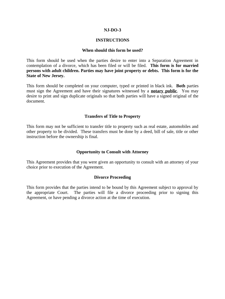 Marital Domestic Separation and Property Settlement Agreement Adult Children Parties May Have Joint Property or Debts Where Divo  Form