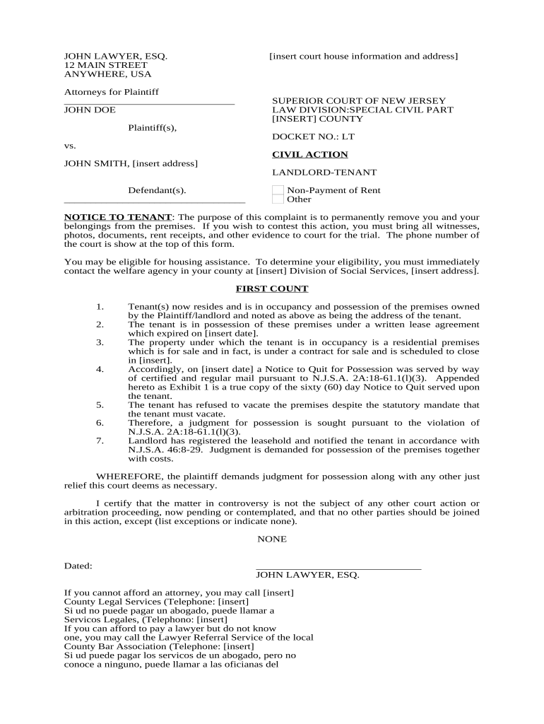 Nj Complaint Landlord File  Form