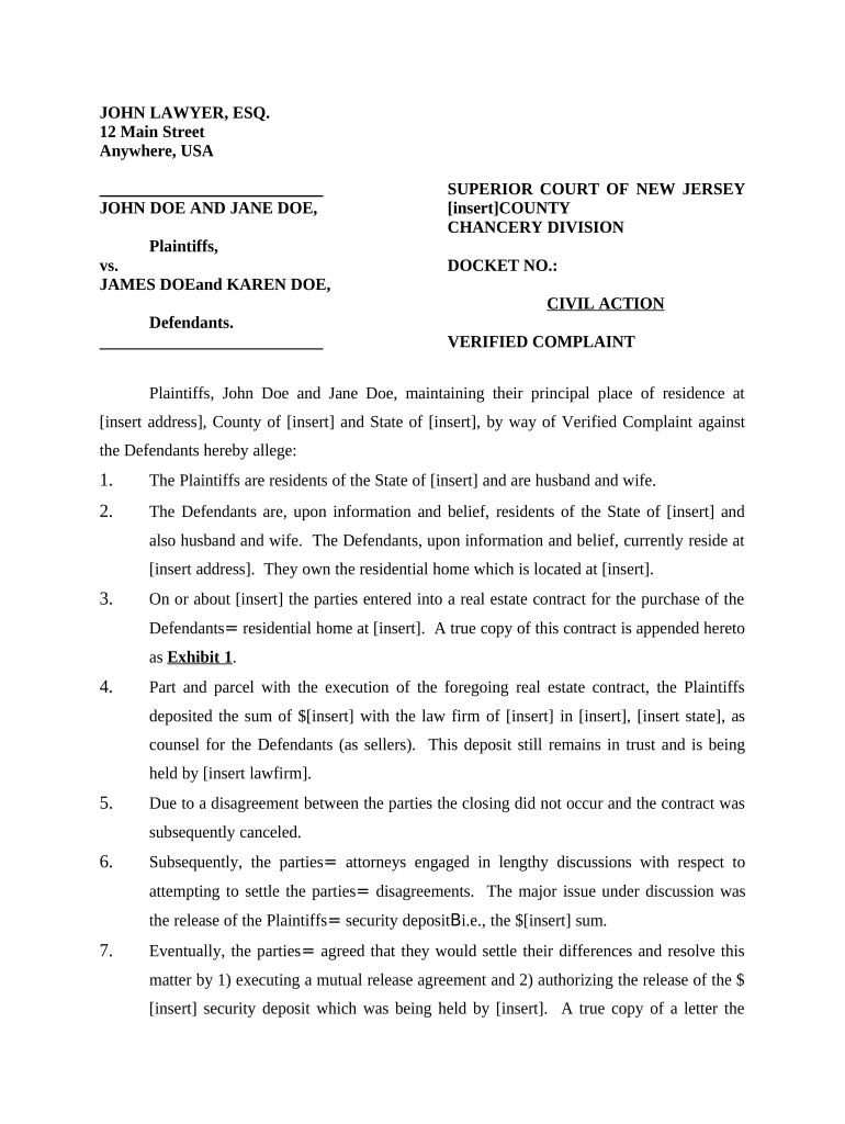 Complaint to Enforce Settlement New Jersey  Form