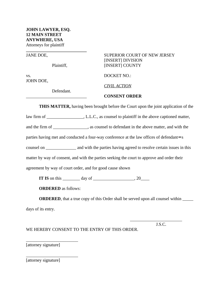 Consent Order in Family Matter New Jersey  Form