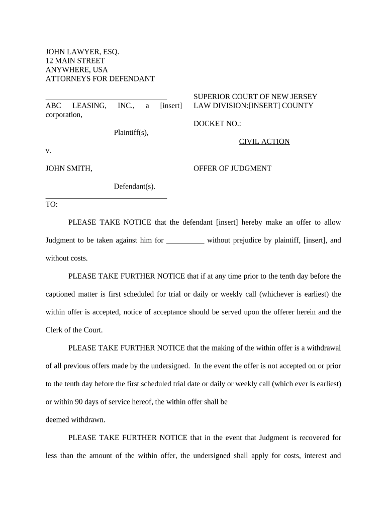 Offer of Judgment Nj  Form